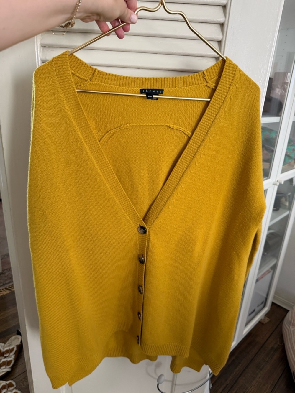 Theory Mustard Yellow V-Neck Button Cardigan